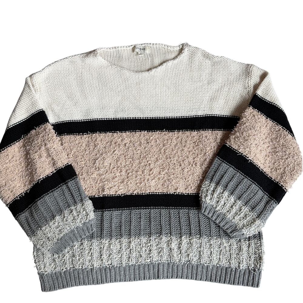 Umgee Cream/Peach/Gray Striped, Scoop Neck, Textured, Sweater- M